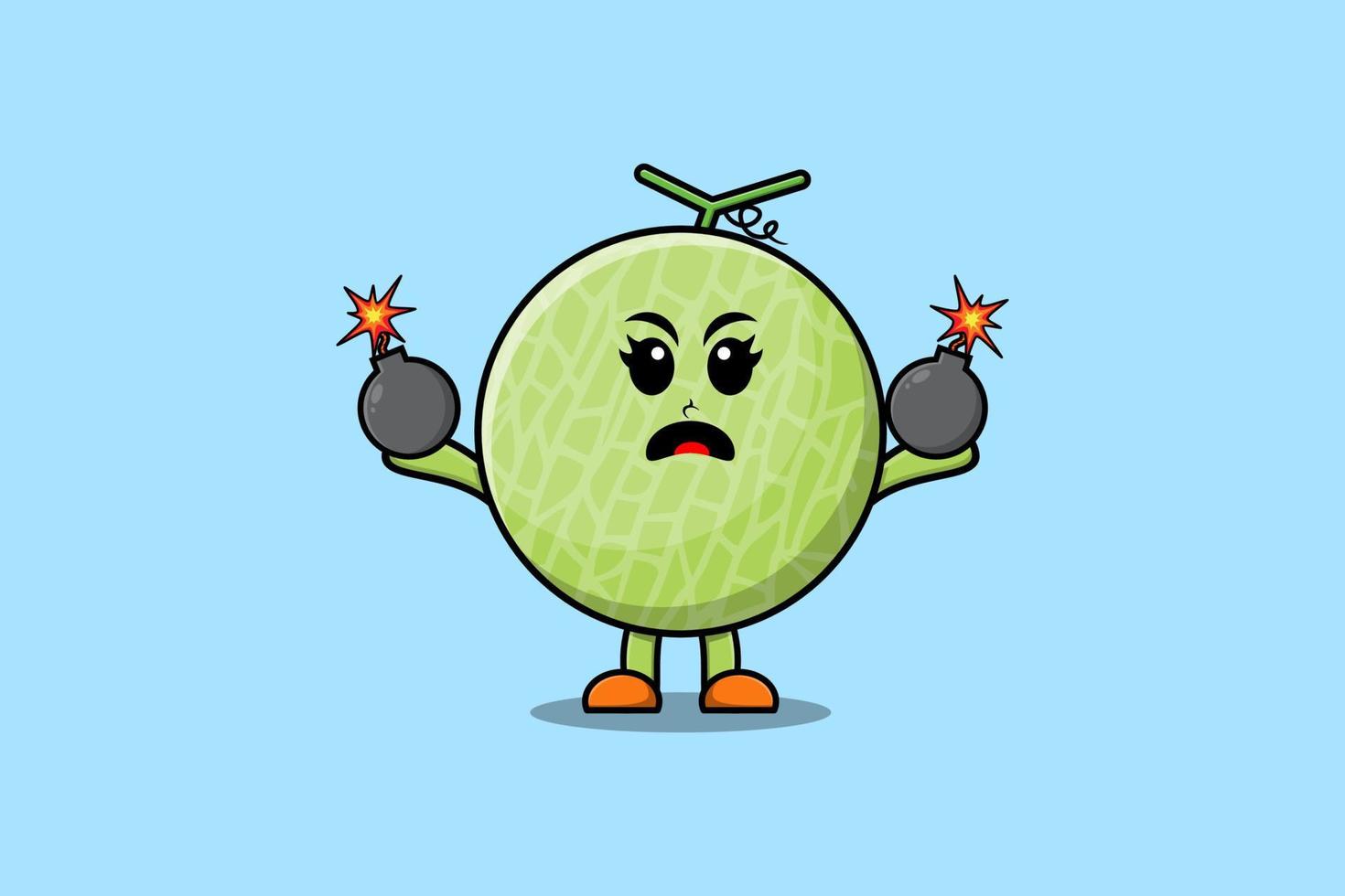 dessin animé melon tenant une bombe avec une expression effrayée vecteur
