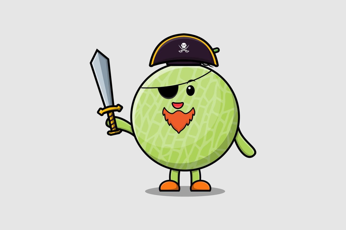 personnage de dessin animé mignon melon pirate tenant une épée vecteur