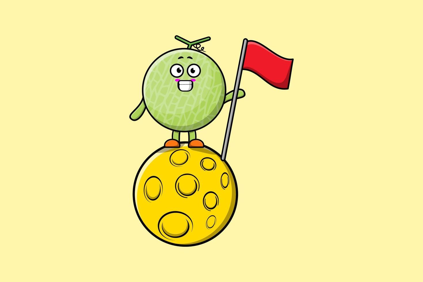 melon de dessin animé mignon debout sur la lune avec drapeau vecteur