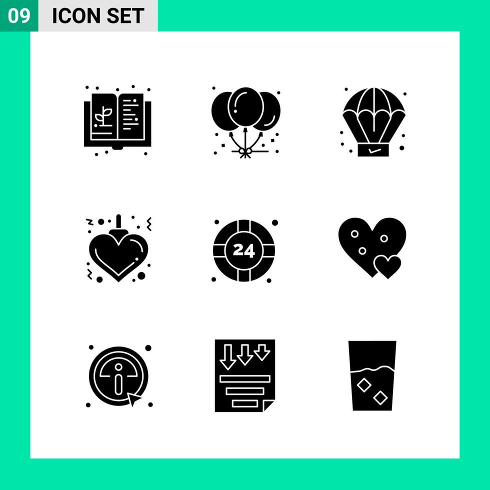 pack de 9 symboles de glyphe de jeu d'icônes de style solide pour imprimer des signes créatifs isolés sur fond blanc 9 jeu d'icônes vecteur
