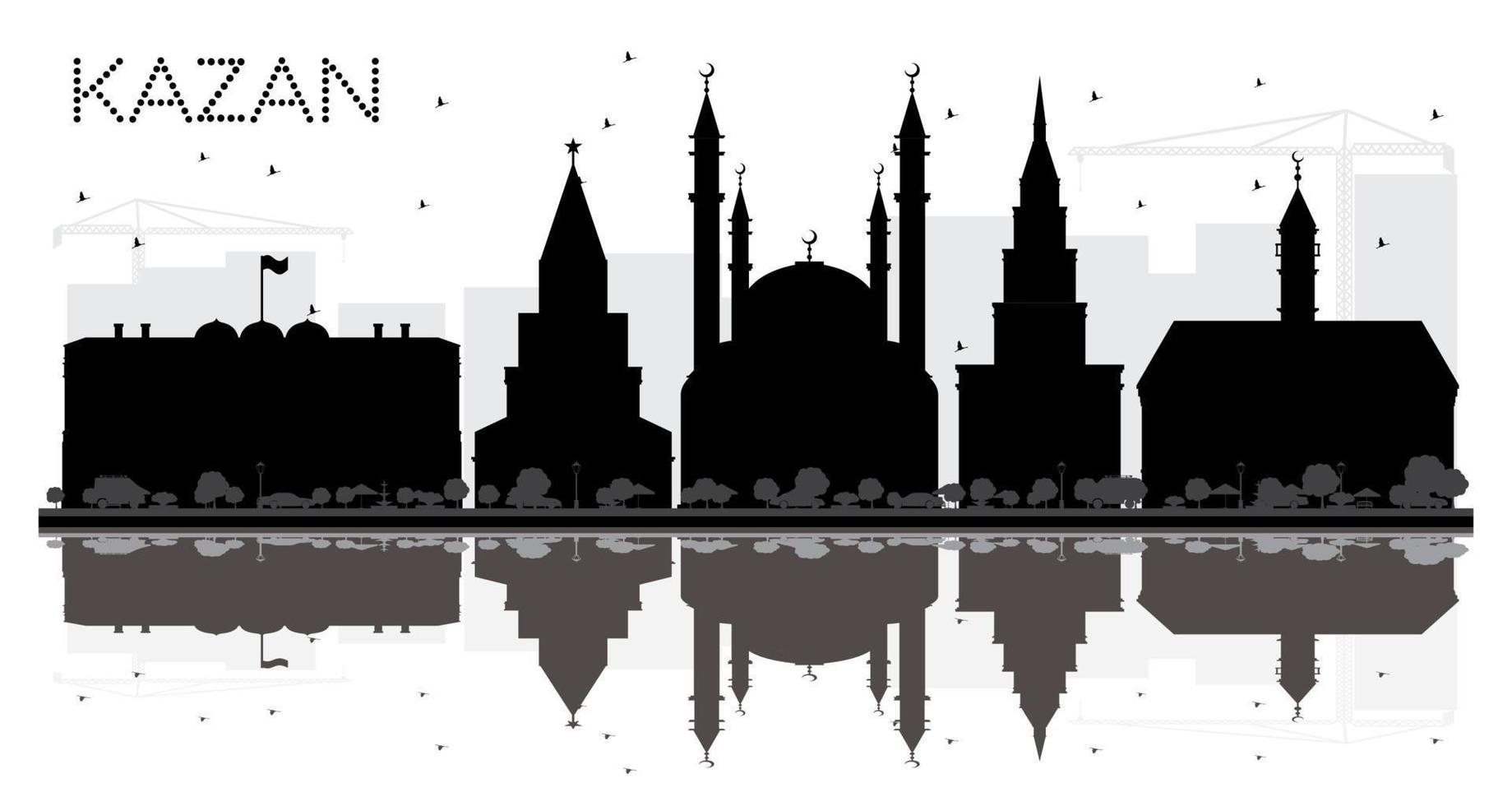 kazan russie city skyline silhouette noire et blanche avec des reflets. vecteur