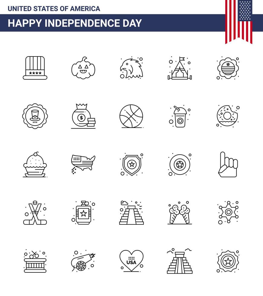 25 usa line pack de signes et symboles de la fête de l'indépendance de verre drapeau international oiseau drapeau tente modifiable usa day vector design elements