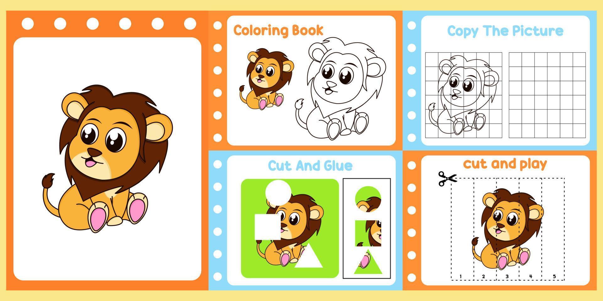 pack de feuilles de travail pour les enfants avec lion. apprentissage amusant pour les enfants vecteur