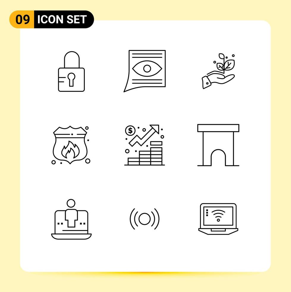 groupe de 9 contours modernes définis pour la finance incendie bouclier de croissance accès éléments de conception vectoriels modifiables vecteur