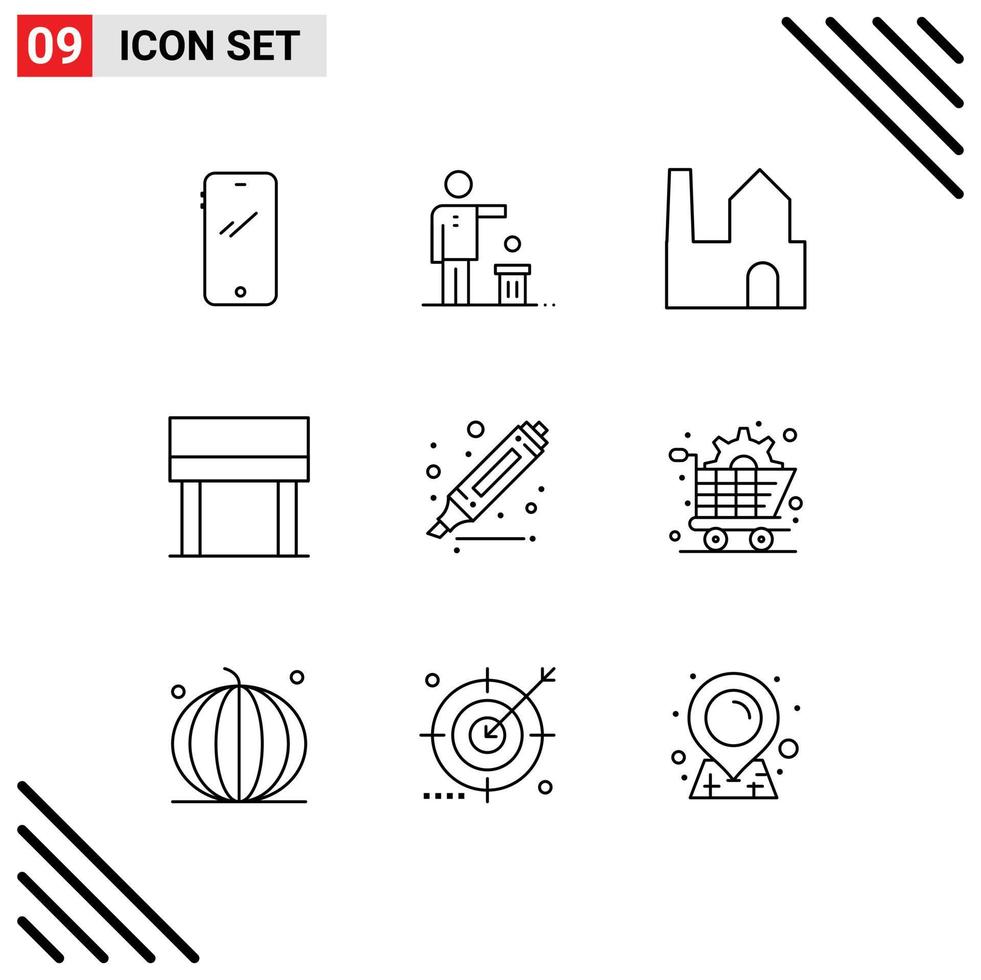 ensemble de 9 symboles d'icônes d'interface utilisateur modernes signes pour dessiner des éléments de conception vectoriels modifiables d'usine industrielle de bureau de recyclage intérieur vecteur