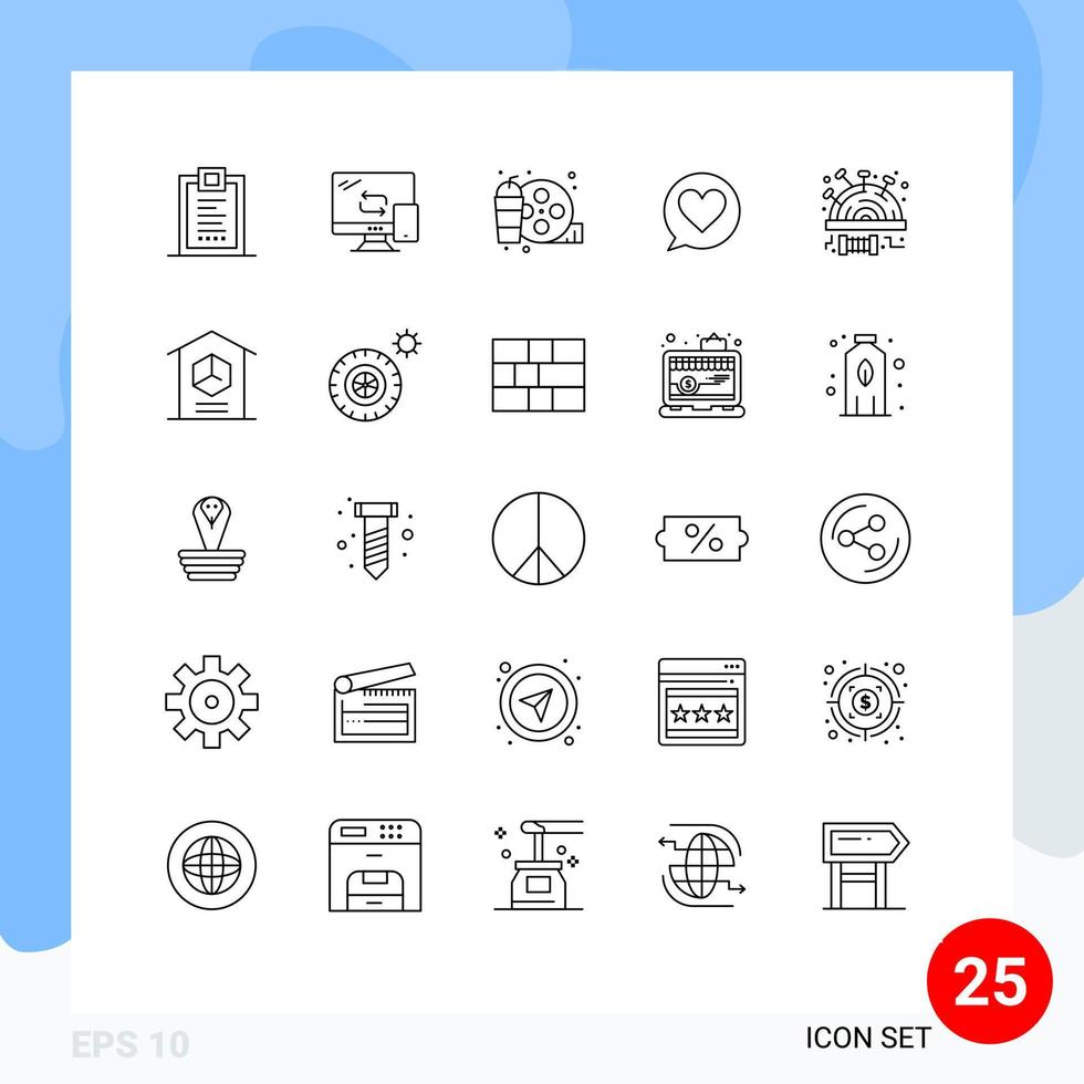 ensemble moderne de 25 lignes de pictogrammes d'éléments de conception vectoriels modifiables de transfert de coeur de coussinet d'amour passe-temps vecteur
