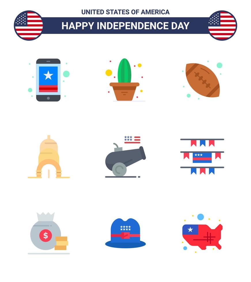 gros pack de 9 usa joyeux jour de l'indépendance usa vecteur appartements et symboles modifiables de cannon usa pot bâtiment boule américaine modifiable usa day vector design elements