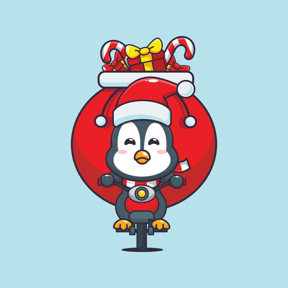 pingouin mignon transportant un cadeau de noël avec une moto. illustration de dessin animé de noël mignon. vecteur