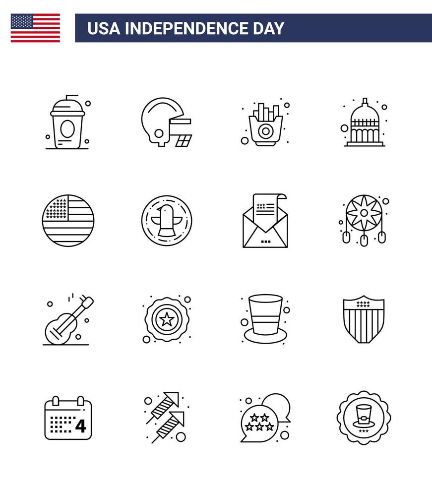 usa independance day line ensemble de 16 pictogrammes usa de drapeau usa fast statehouse indiana modifiable usa day vector design elements