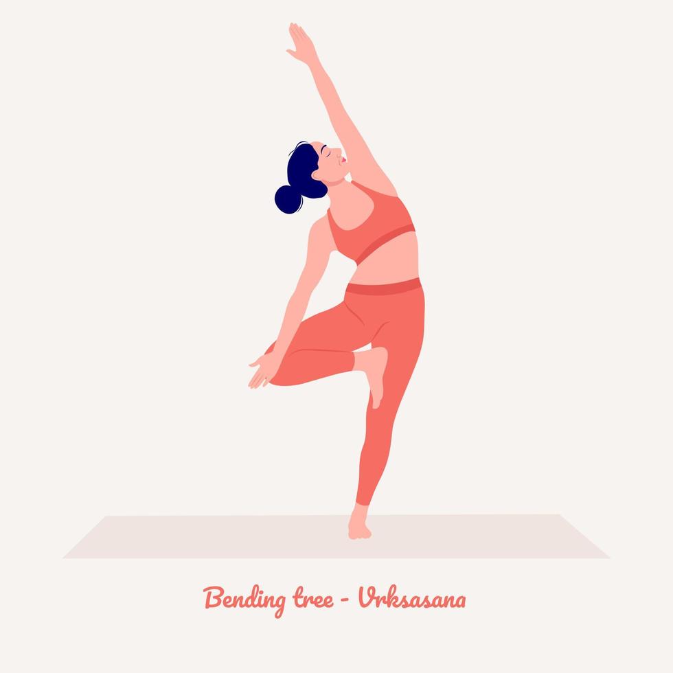 pose de yoga d'arbre de flexion. jeune femme pratiquant l'exercice de yoga. fitness d'entraînement de femme, aérobie et exercices. vecteur