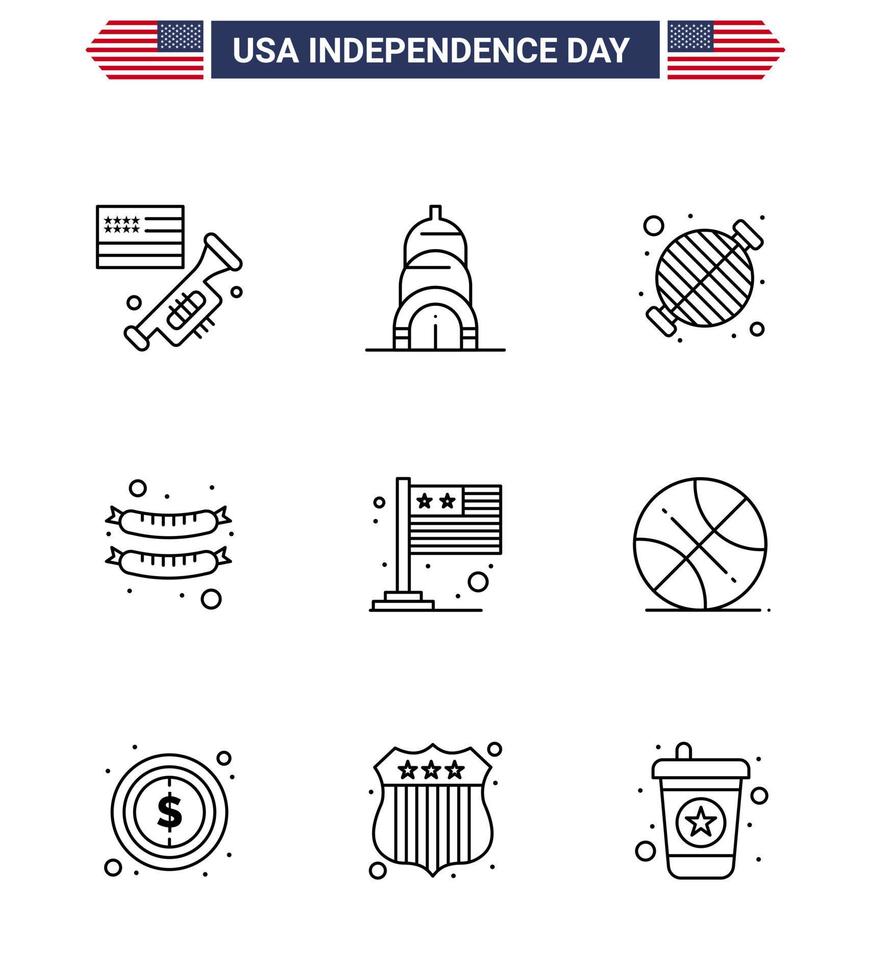 bonne fête de l'indépendance pack de 9 lignes signes et symboles pour les pays internationaux barbecue saucisse nourriture modifiable usa day vector design elements