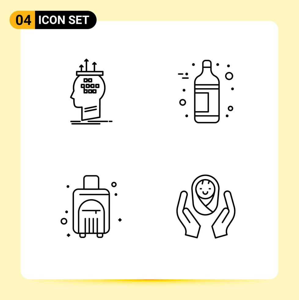 ligne d'interface mobile ensemble de 4 pictogrammes d'algorithme été processus bouteille sac de voyage éléments de conception vectoriels modifiables vecteur