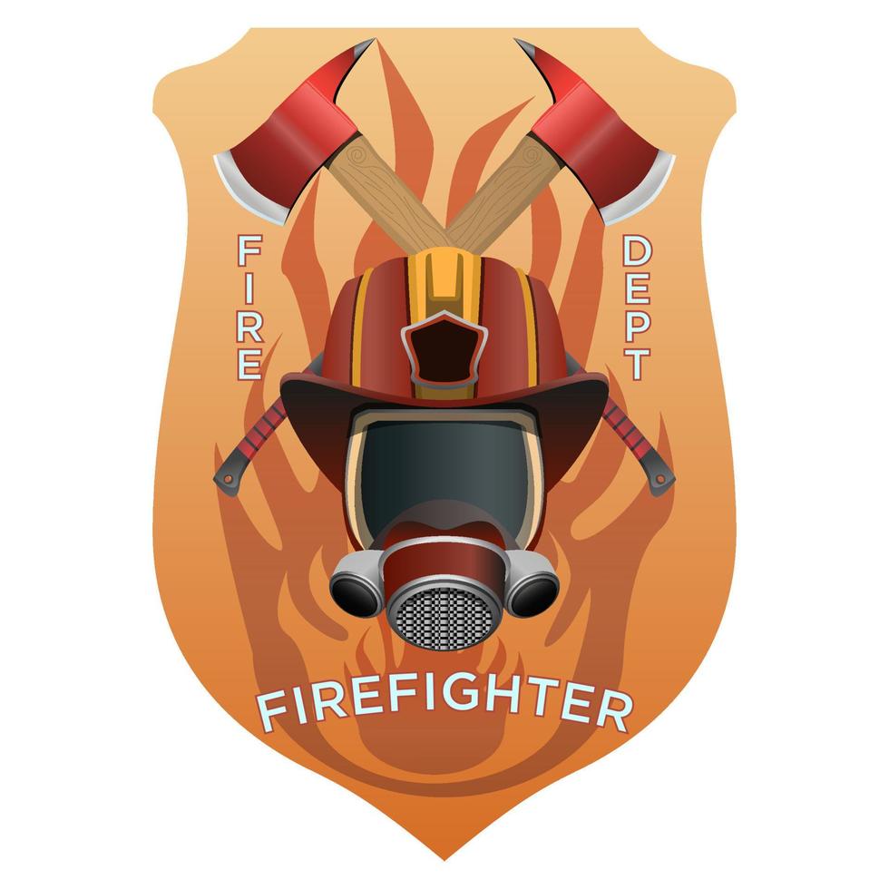 insigne de pompier. masque de pompier, casque et haches derrière sur l'insigne du bouclier. illustration vectorielle colorée sur fond blanc. vecteur