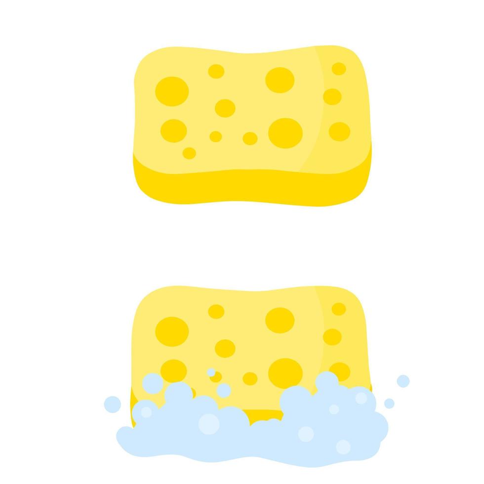 éponge avec mousse. outil jaune pour le nettoyage. détergent avec du savon. ensemble d'éléments de cuisine et de salle de bain. illustration de dessin animé plat vecteur