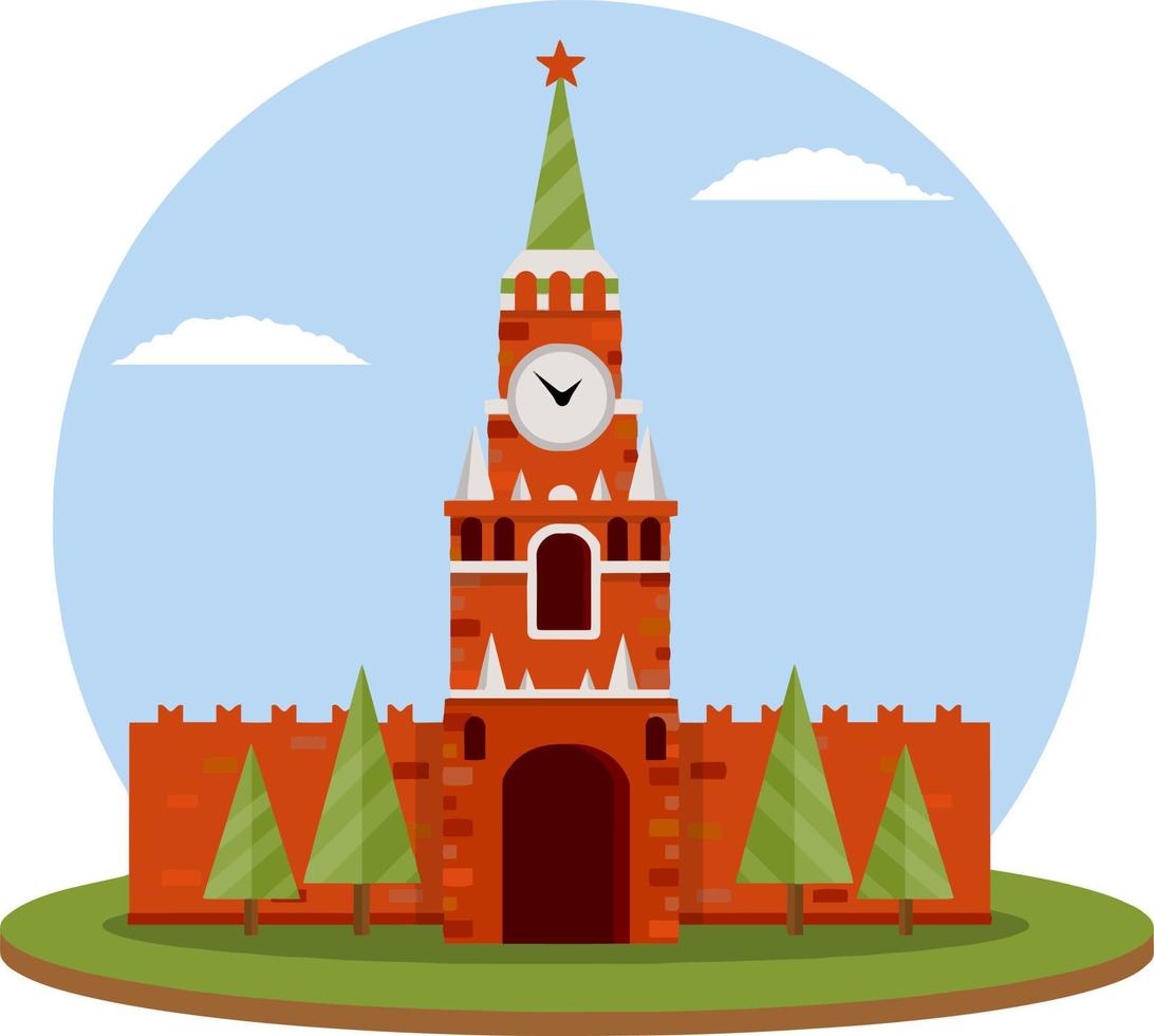 résidence du président russe sur la place rouge. le kremlin de moscou. destination touristique pour la visite de la capitale. forteresse avec une tour et un mur. une attraction touristique. illustration plate de dessin animé vecteur