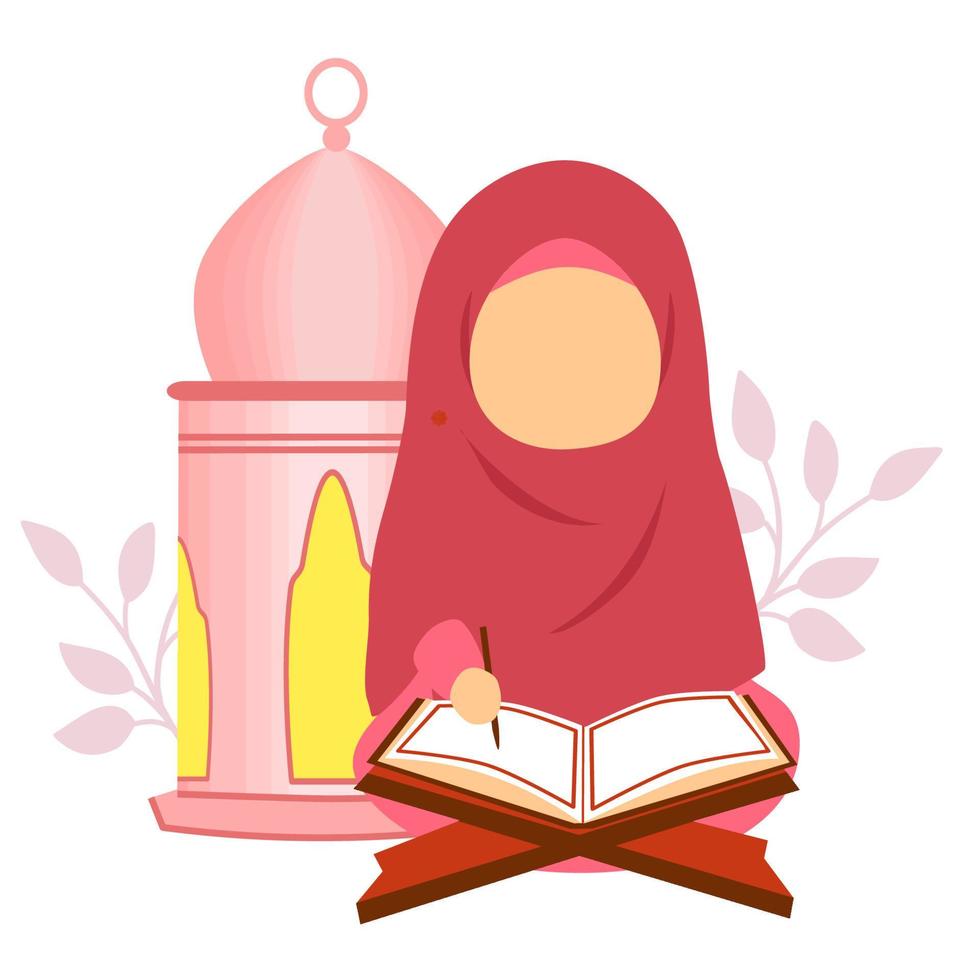 fille en hijab lisant le saint coran vecteur