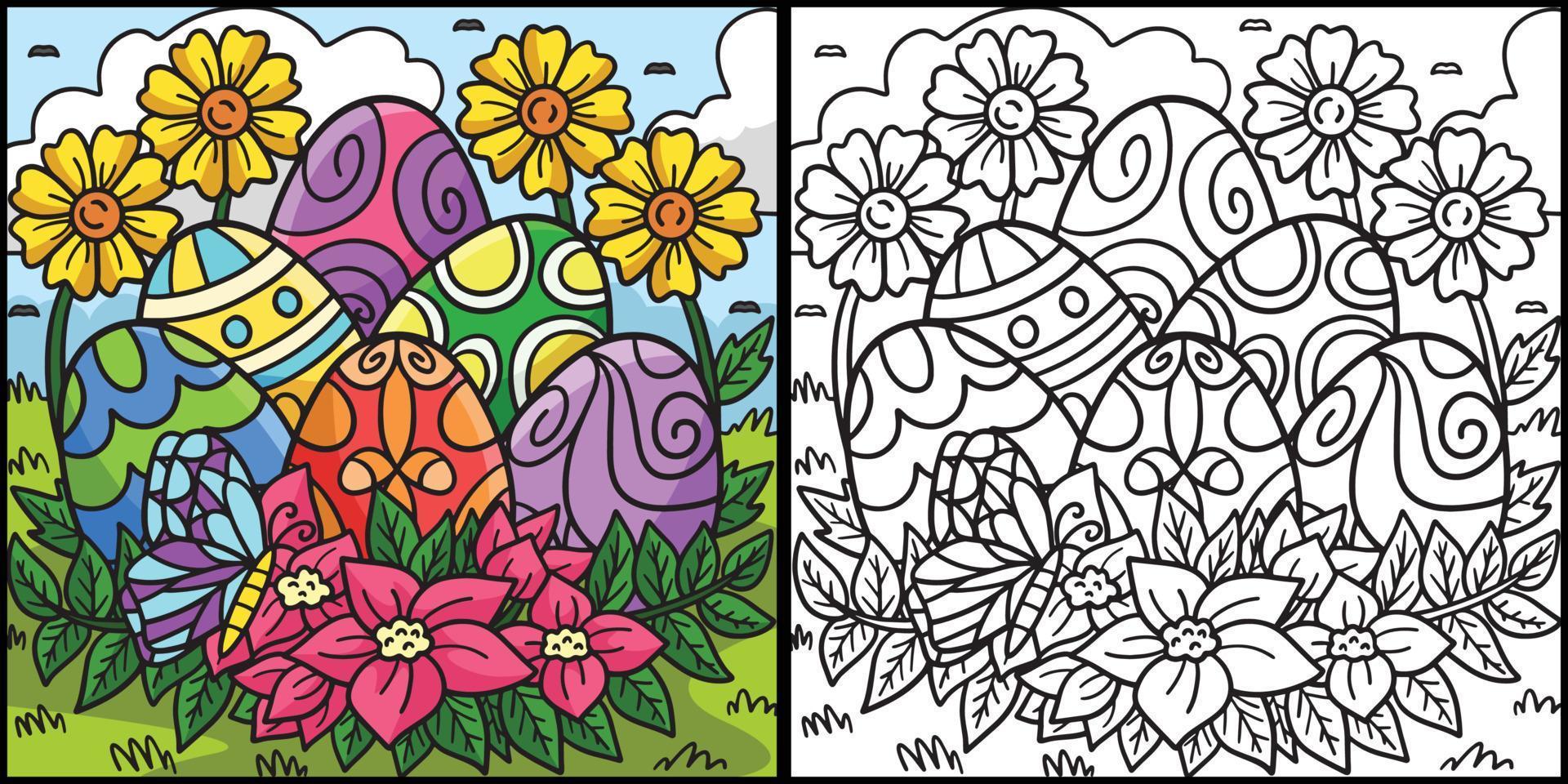 oeufs de pâques avec illustration de coloriage de fleurs vecteur