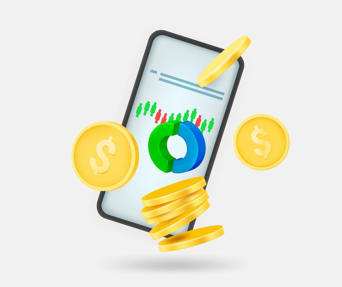 concept de trading en ligne avec téléphone portable, graphique et pièces. illustration vectorielle 3d isolée vecteur