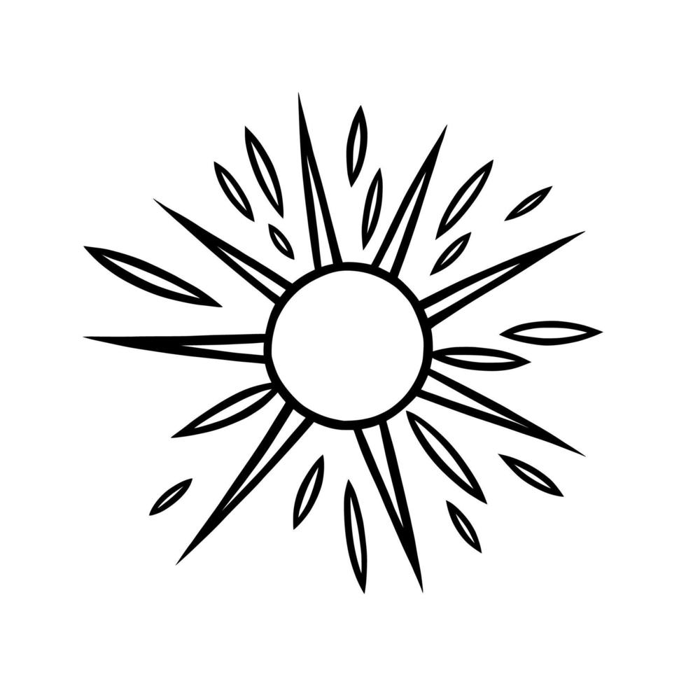 soleil dessiné à la main avec des poutres. soleil brillant dans un style doodle. illustration vectorielle noir et blanc vecteur