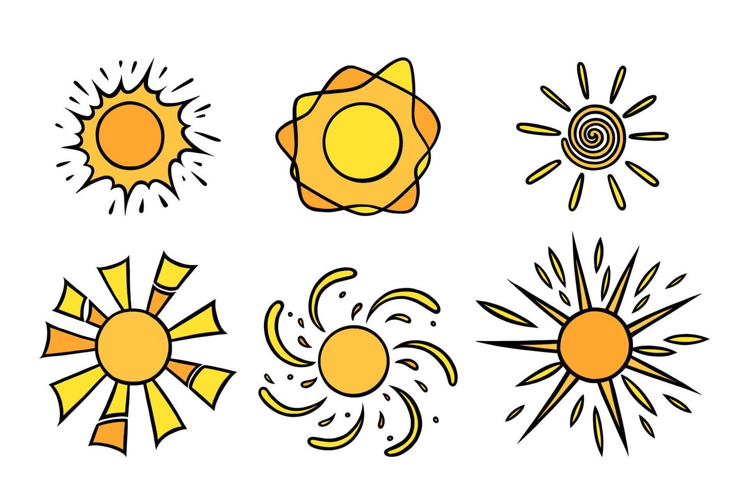 ensemble de soleils jaunes dessinés à la main. soleils brillants colorés avec des poutres en style doodle. illustration vectorielle noir et blanc vecteur