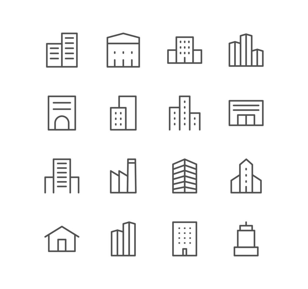 ensemble d'icônes de construction et de maison, propriété, appartement, école, structure, gratte-ciel, hôpital et vecteurs de variété linéaire. vecteur