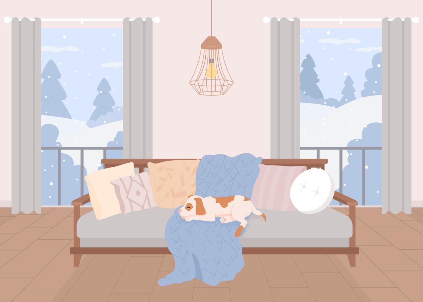 chien dormant sur l'illustration vectorielle de couleur plate du canapé. salon chaleureux aux chutes de neige. mode de vie domestique. intérieur de dessin animé simple 2d entièrement modifiable avec paysage d'hiver sur fond vecteur