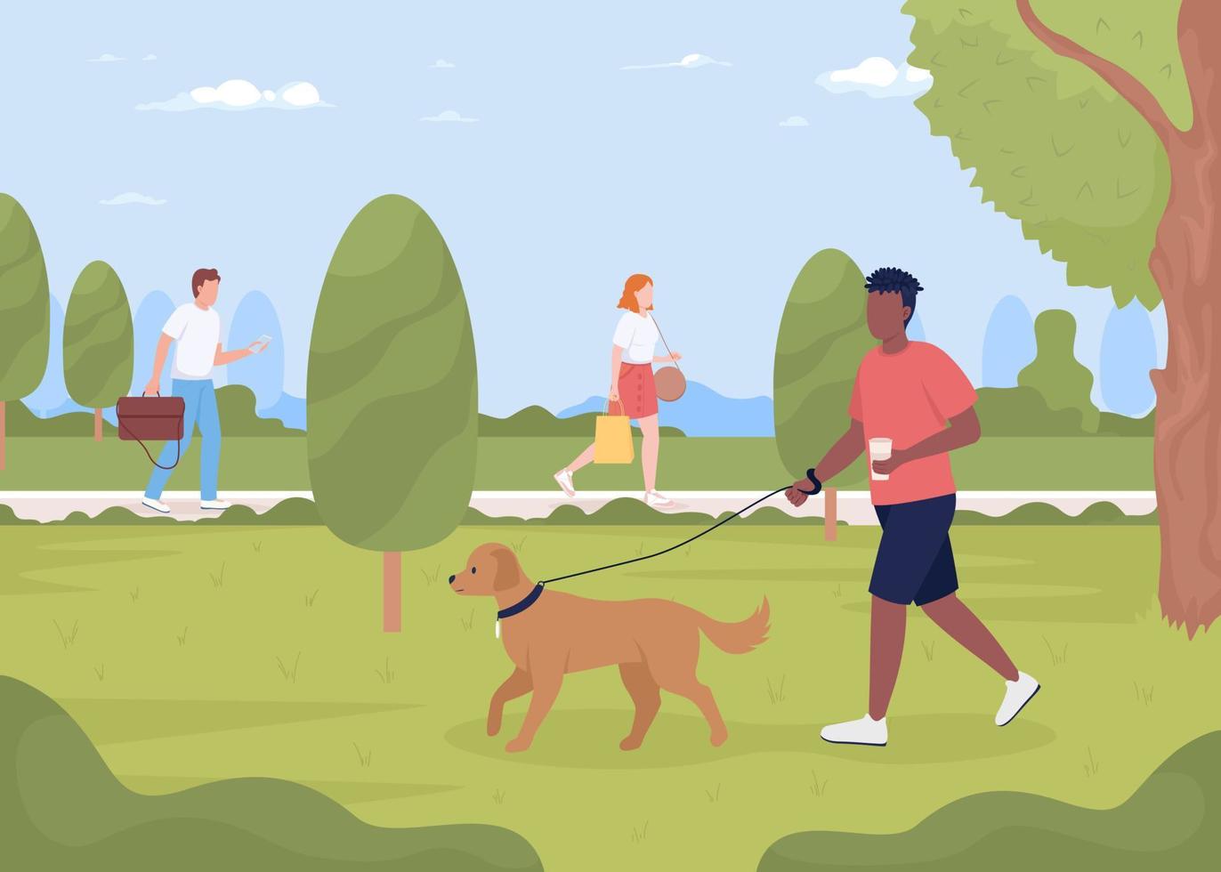 homme marchant chien dans l'illustration vectorielle de couleur plate du parc d'été. personnes dans un lieu public. passer du temps dans le jardin de la ville. personnages de dessins animés simples 2d entièrement modifiables avec paysage en arrière-plan vecteur