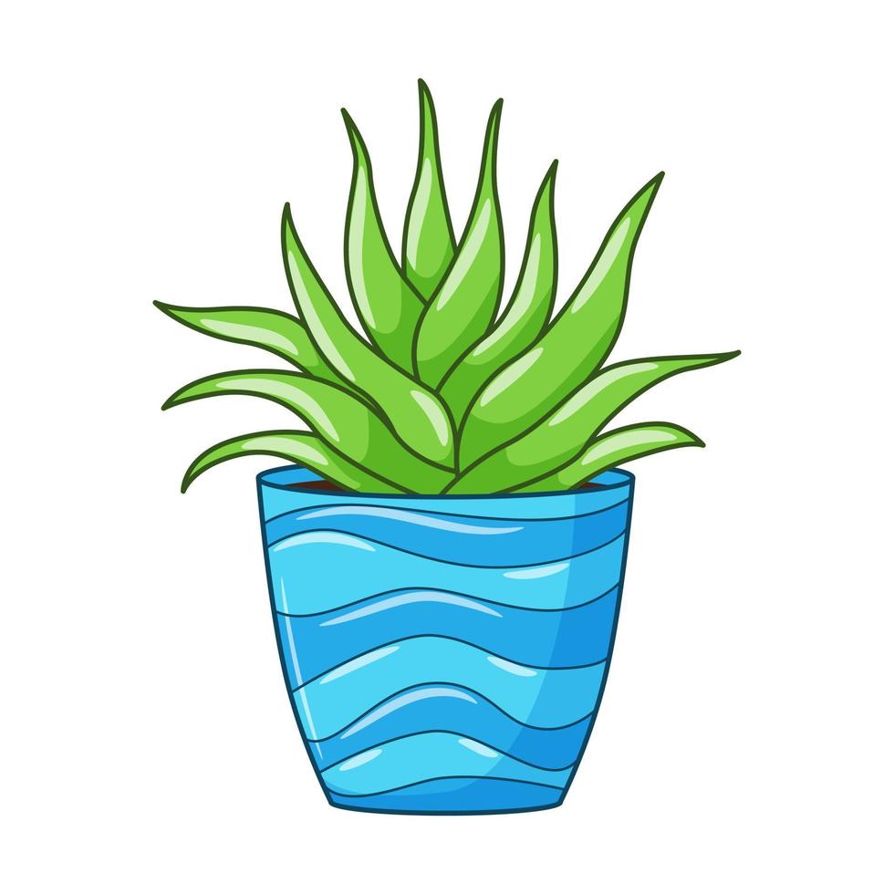 aloès de dessin animé de vecteur en pot. plante succulente d'intérieur aux feuilles charnues. plante d'intérieur pour la maison et l'intérieur. illustration de doodle botanique coloré isolé sur fond blanc.