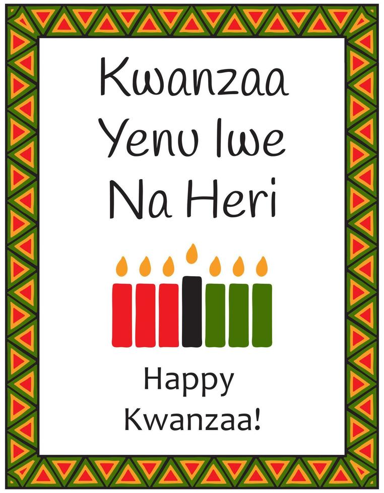 carte avec sept bougies traditionnelles, symboles de kwanzaa et mots - kwanzaa yenu iwe na heri - kwanzaa heureux en swahili. affiche avec motif ethnique africain aux couleurs traditionnelles. illustration vectorielle vecteur