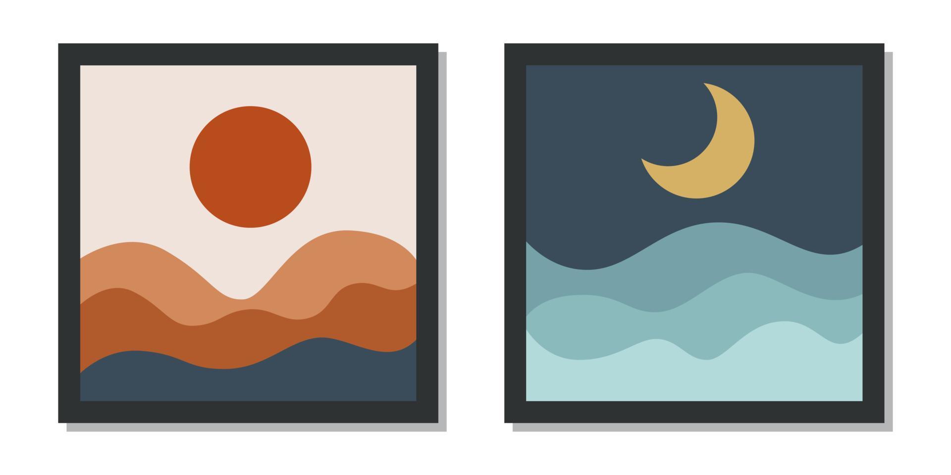 ensemble de fond boho d'art mural moderne avec des montagnes de lune de soleil vecteur