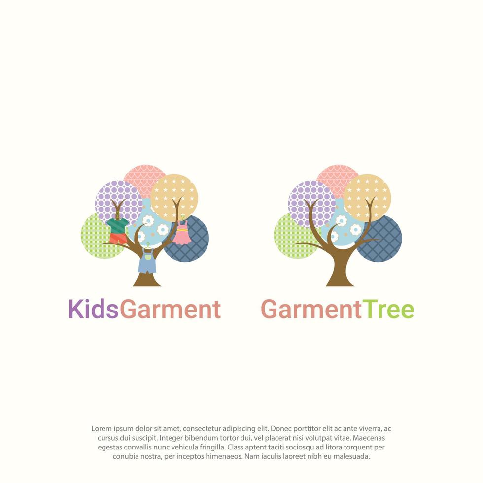 les enfants stockent des vêtements suspendus à l'arbre, ou juste un arbre avec un vecteur de conception de logo de feuille de tissu ou de tissu