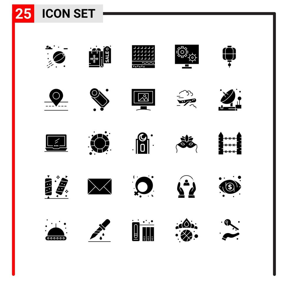 ensemble de pictogrammes de 25 glyphes solides simples de chine définissant des éléments de conception vectoriels modifiables d'engrenage d'écran doux vecteur