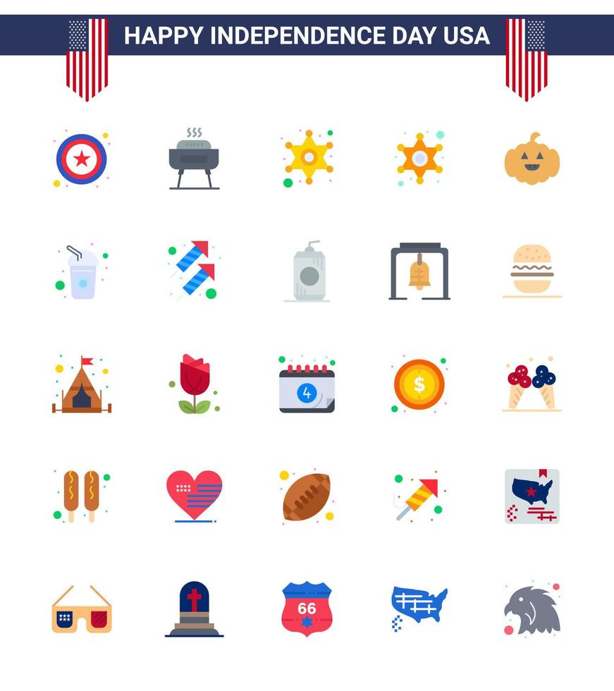 joyeux jour de l'indépendance pack de 25 appartements signes et symboles pour soda cola police bouteille américain modifiable usa day vector design elements