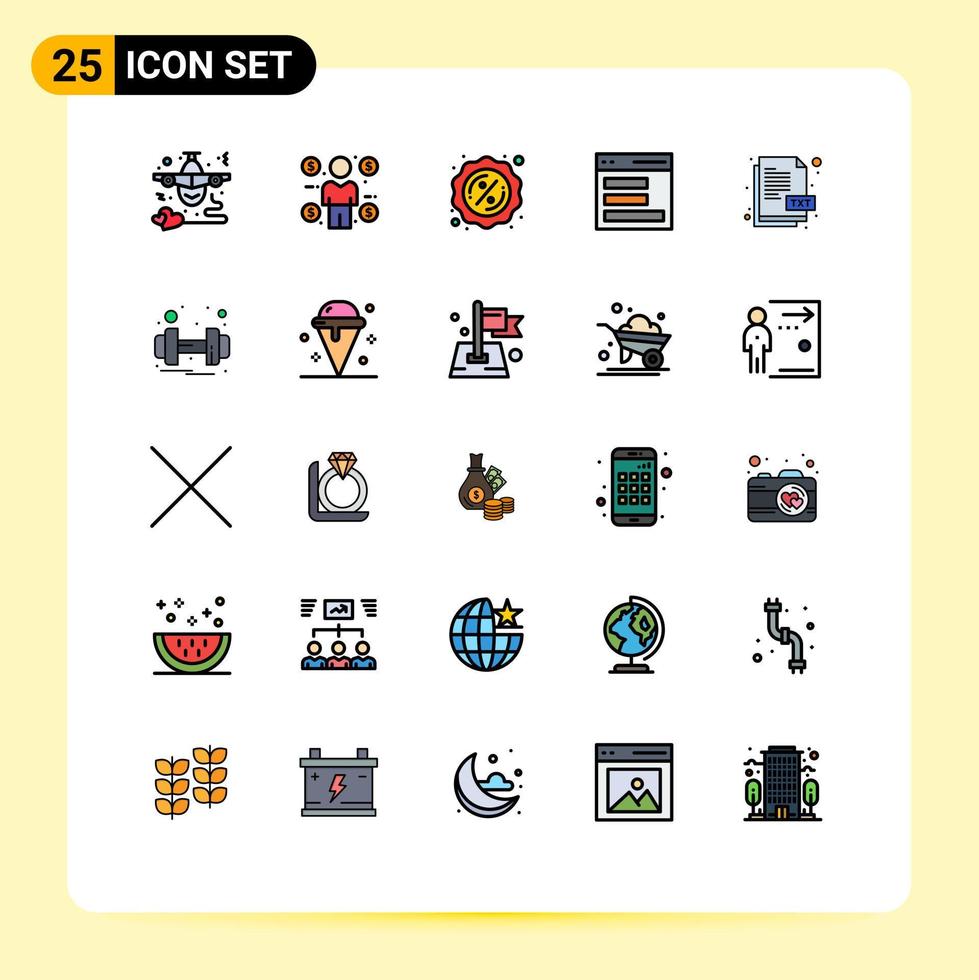 symboles d'icônes universels groupe de 25 couleurs plates de lignes remplies modernes de fichier txt interface consommateur utilisateur communication éléments de conception vectoriels modifiables vecteur