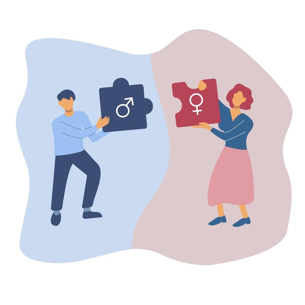 couple reliant le puzzle de la relation. homme et femme tenant des pièces de puzzle et des signes de genre. illustration vectorielle plane. vecteur