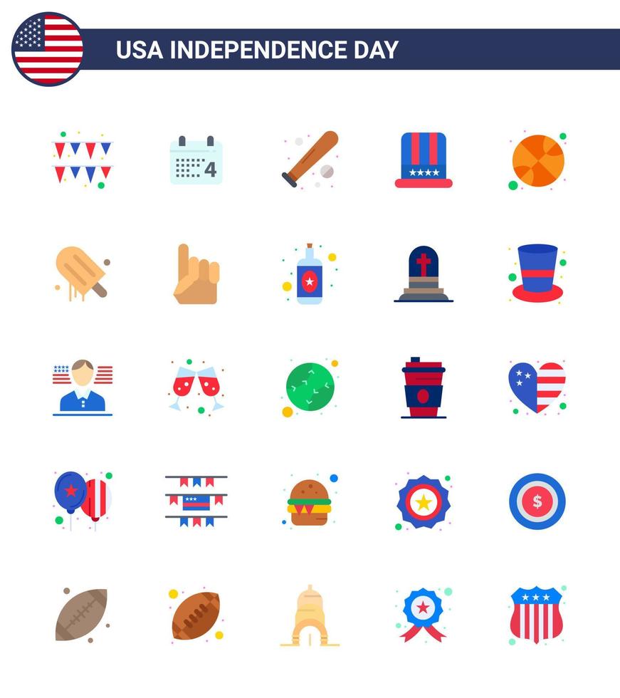 pack de 25 signes d'appartements de célébration de la fête de l'indépendance des états-unis et symboles du 4 juillet tels que balle usa baseball chapeau américain modifiable usa day vector design elements