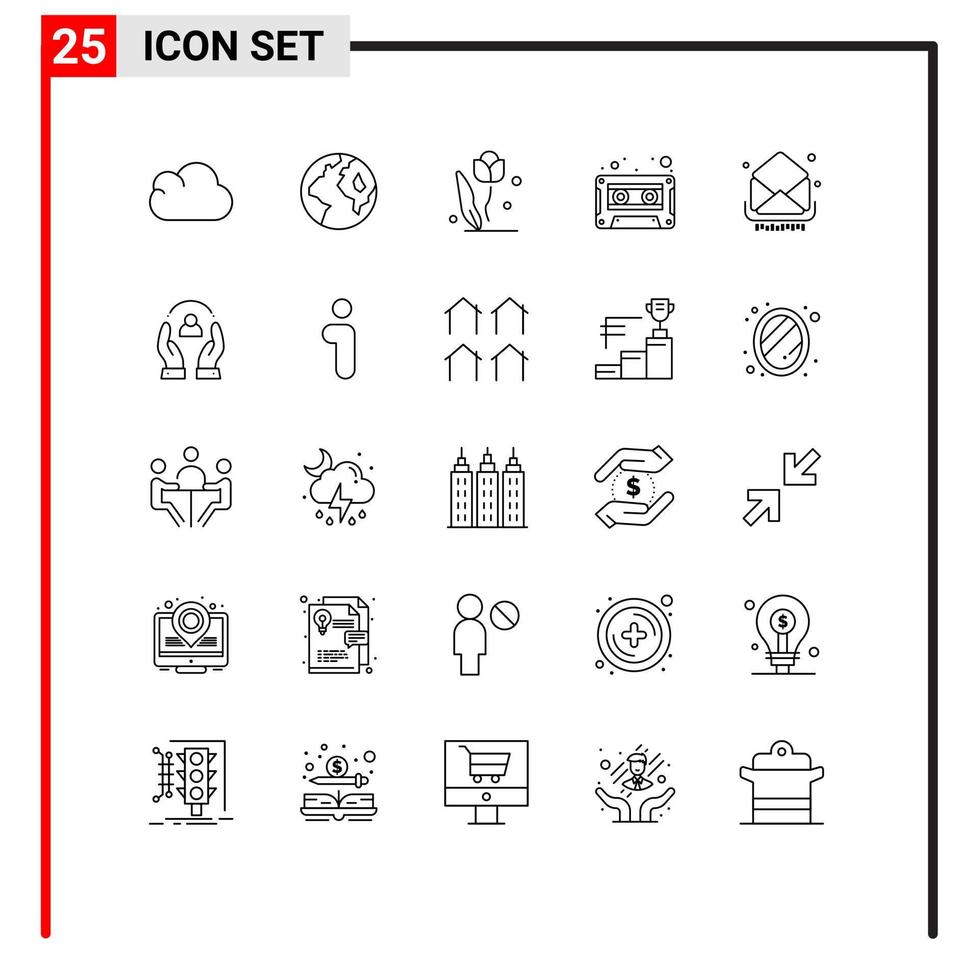 ensemble de 25 lignes vectorielles sur la grille pour les éléments de conception vectoriels modifiables de cassette audio de bande de fleur de courrier électronique vecteur