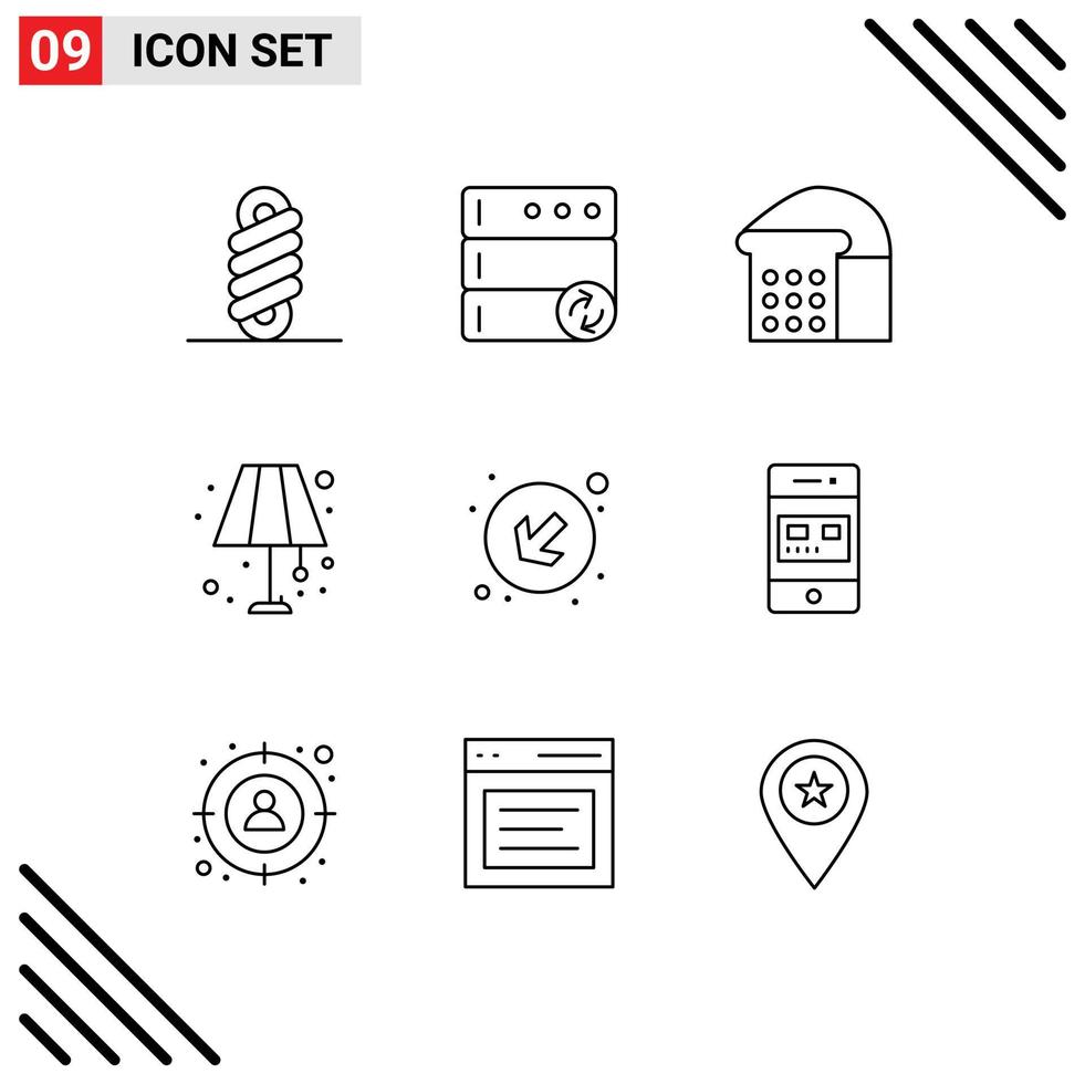 contour de l'interface mobile ensemble de 9 pictogrammes de carte gauche pain vers le bas éclairage maison éléments de conception vectoriels modifiables vecteur