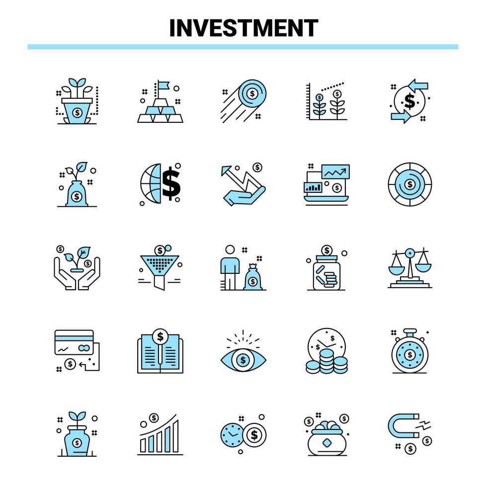 25 investissement jeu d'icônes noir et bleu création d'icônes et modèle de logo vecteur