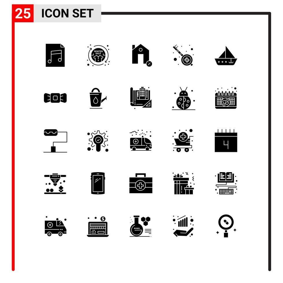 groupe de 25 glyphes solides modernes définis pour les bâtiments de bateau veena pourcentage de musique éléments de conception vectoriels modifiables vecteur