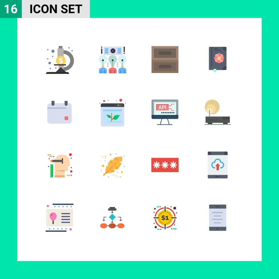 interface mobile couleur plate ensemble de 16 pictogrammes de calendrier cinéma archive fleur de printemps pack modifiable d'éléments de conception de vecteur créatif