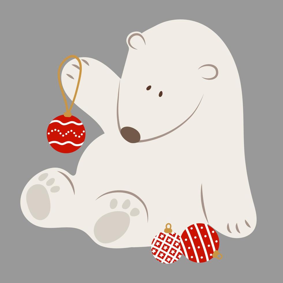 ours polaire avec des boules de noël. carte de voeux pour noël ou nouvel an. clipart festif vecteur