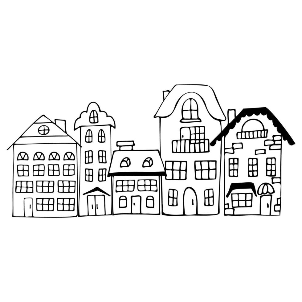 croquis dessiné à la main avec cinq maisons sur fond blanc. coloriage pour enfants. rue avec immeuble vecteur