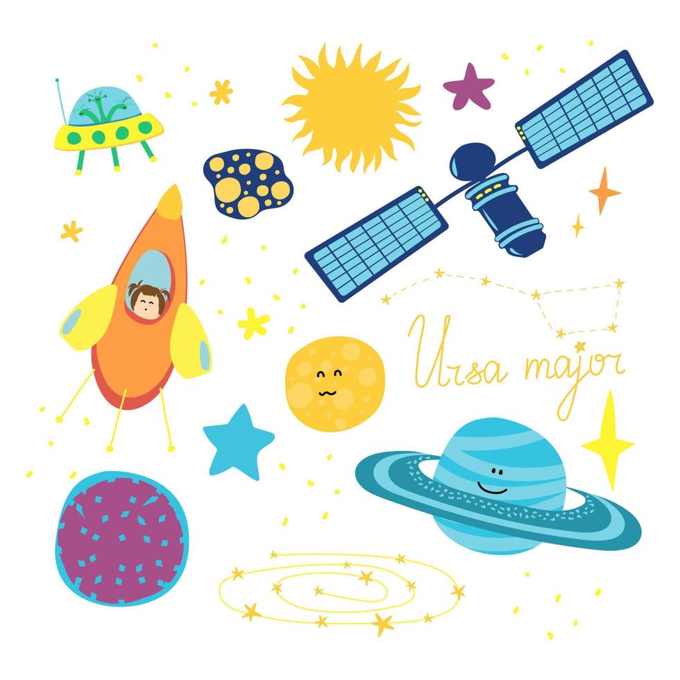 illustration vectorielle pour enfants avec des éléments spatiaux sur un blanc. fusée, étoiles, planètes, comète, astronaute, constellation, satellite. vecteur