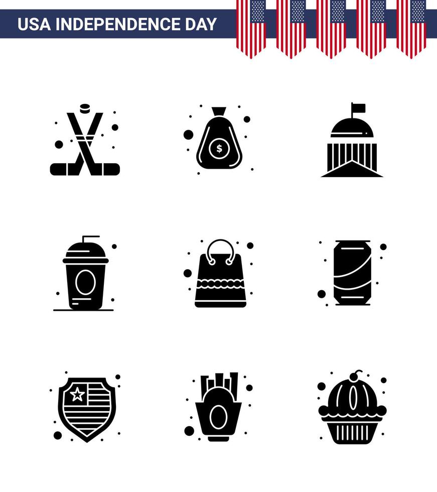 joyeux jour de l'indépendance 9 pack d'icônes de glyphes solides pour le web et l'impression vacances cole cash gâteau irlande modifiable usa day vector design elements