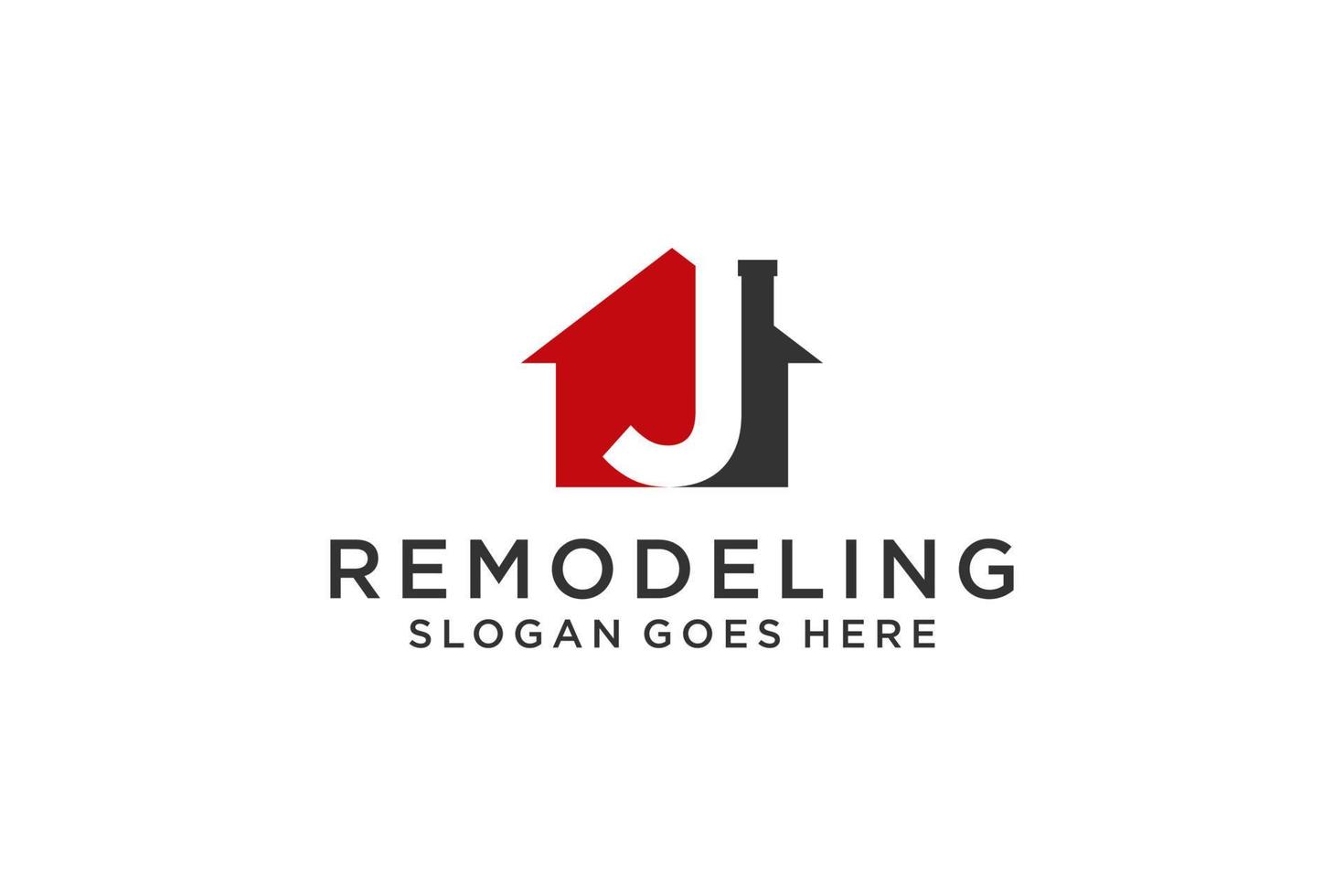 lettre j pour le logo de remodelage immobilier. construction architecture bâtiment élément de modèle de conception de logo. vecteur