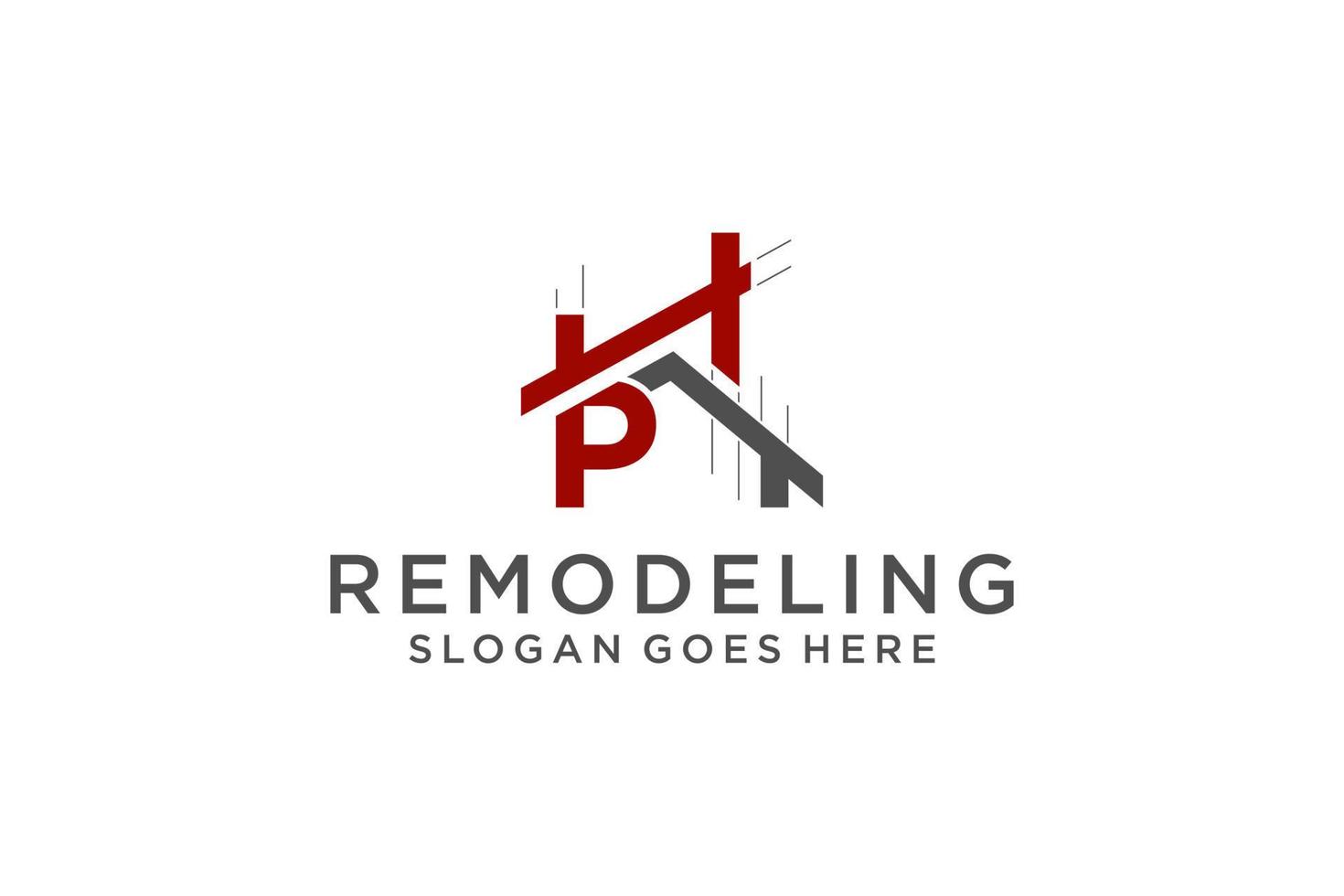 lettre p pour le logo de remodelage immobilier. construction architecture bâtiment élément de modèle de conception de logo. vecteur
