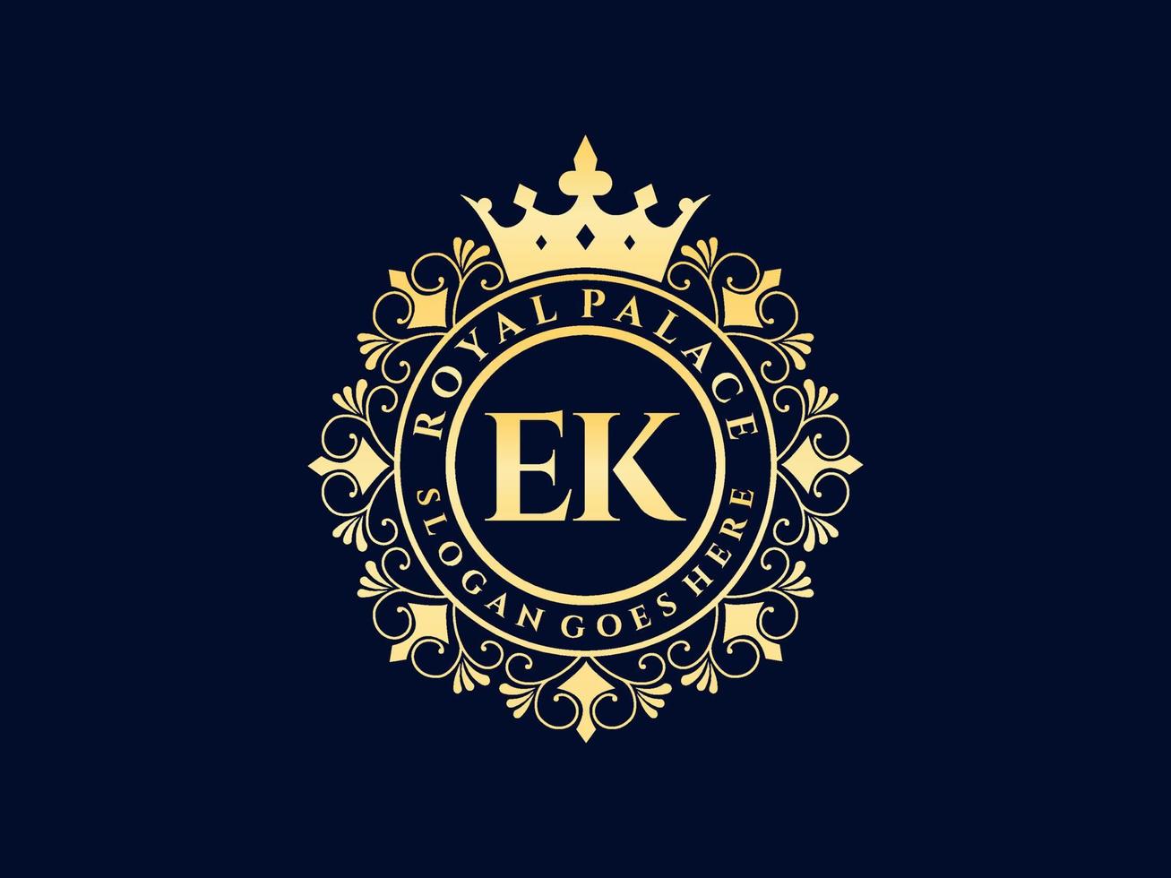 lettre ek logo victorien de luxe royal antique avec cadre ornemental. vecteur