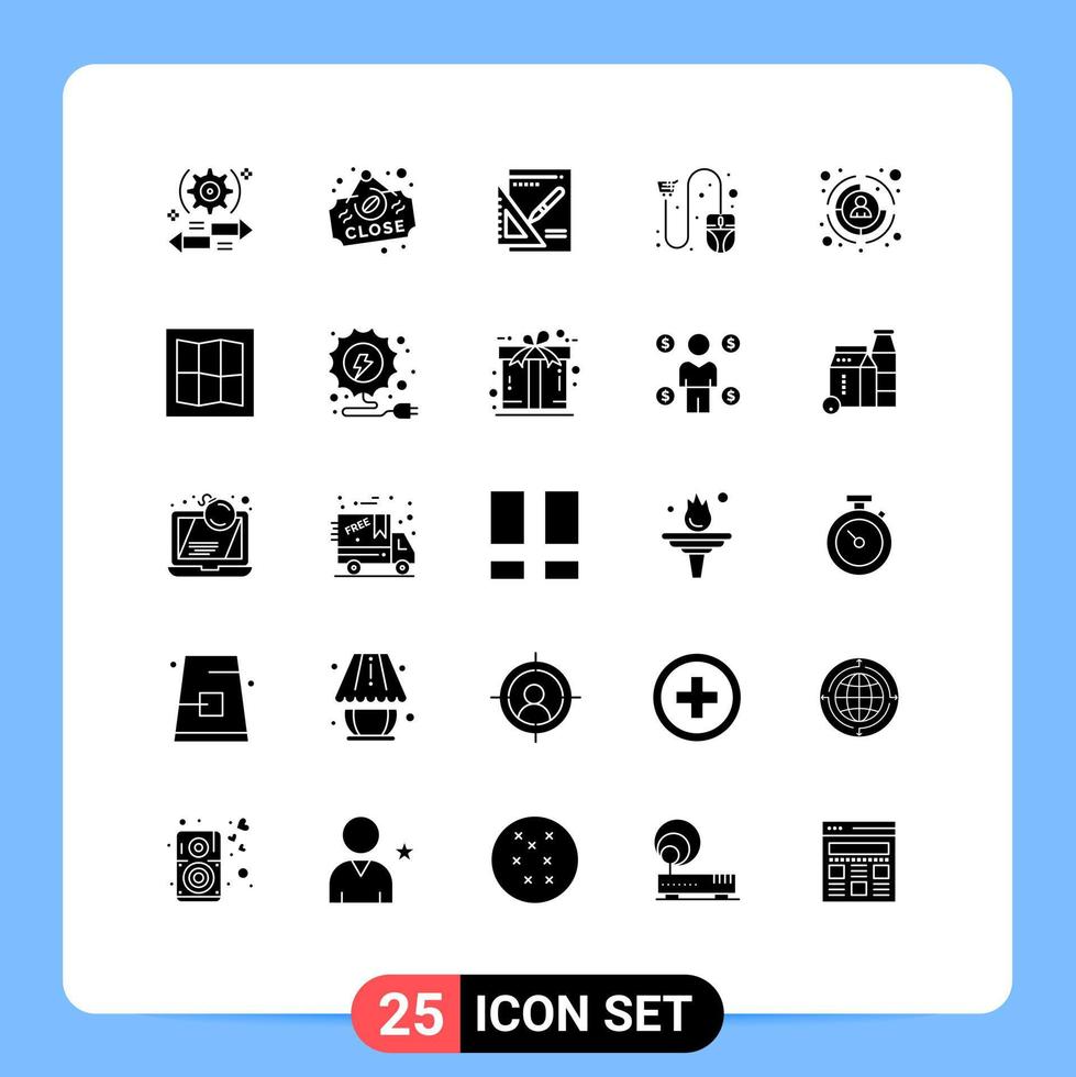 pack de glyphes solides de 25 symboles universels de signe de commerce électronique d'expédition cliquez sur succès éléments de conception vectoriels modifiables vecteur