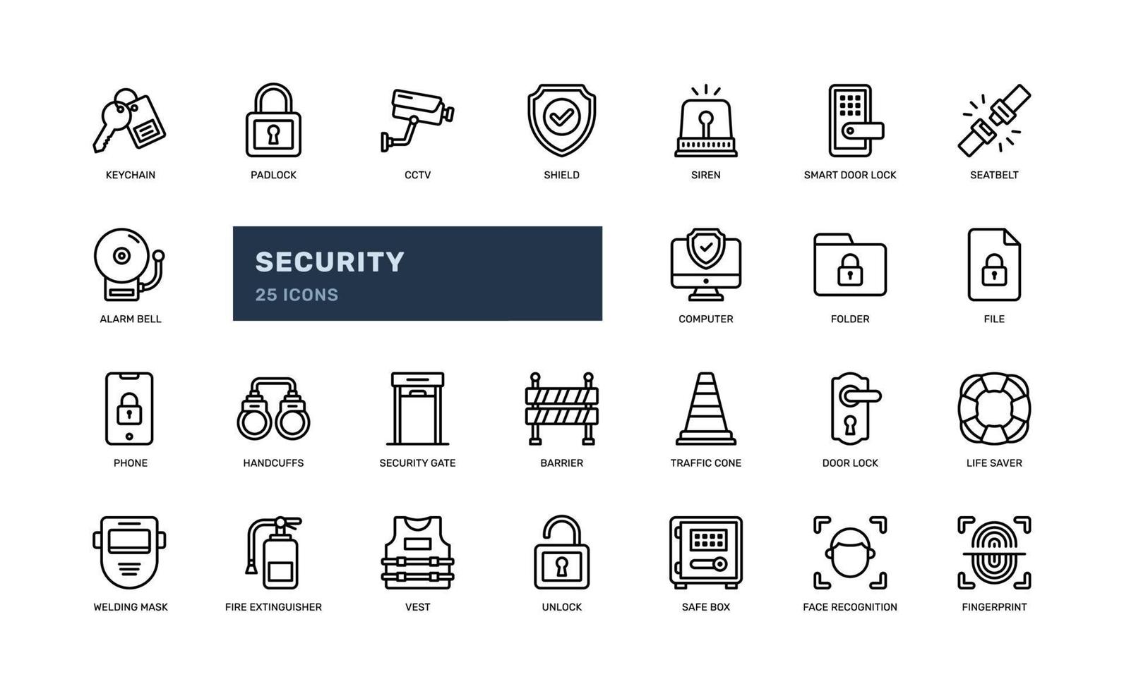 jeu d'icônes de contour détaillé de sécurité de garde de protection de sécurité avec cadenas, clé, cctv, alarme, plus. illustration vectorielle simple vecteur